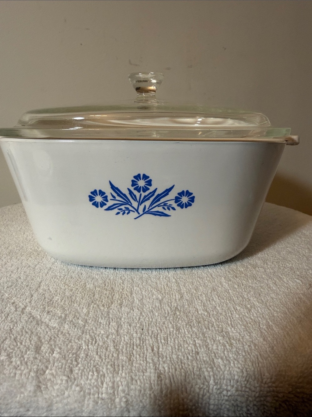 Vintage Corningware White Casserole Dish with Blue Floral Pattern and Glass Lid
